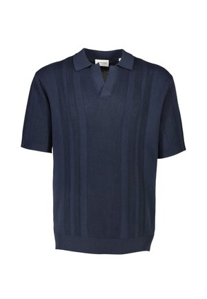 Marineblaues kurzärmliges Poloshirt mit gerippter Textur, vertikalen Streifen und V-Ausschnitt. Hergestellt aus weichem Strickmaterial.