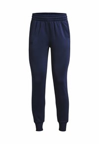 Marineblaue Sweatpants aus weichem Stoff, mit einem elastischen Bund, schmalen Bündchen und einem dezenten Logo an der Seite.
