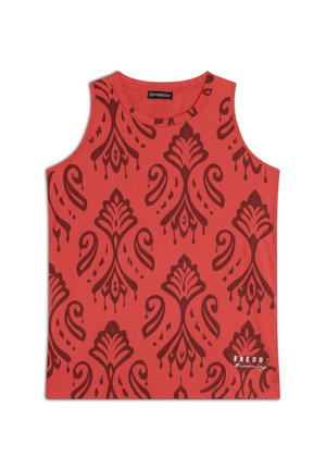 Top senza maniche rosso in tessuto, caratterizzato da un motivo decorativo rosso scuro e dal logo del marchio "FREDDY Training" in basso a destra.