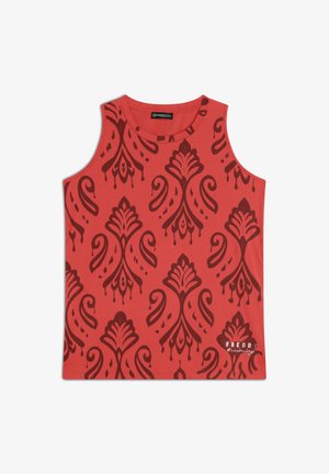 Top senza maniche rosso in tessuto, caratterizzato da un motivo decorativo rosso scuro e dal logo del marchio "FREDDY Training" in basso a destra.