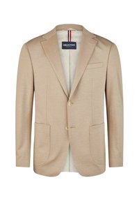 Beige Blazer mit glatter Textur, zwei Vorderaschen, Reverskragen, Ein-Knopf-Verschluss und einem markierten Innenlabel mit roten und blauen Akzenten.