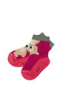 Children's socks in pink and green with a teddy bear design. The material is textured knit with contrasting toe and heel sections.