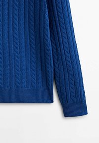 Manche de pull en maille bleue et bas du torse avec motif torsadé et poignets et ourlet côtelés sur fond blanc.
