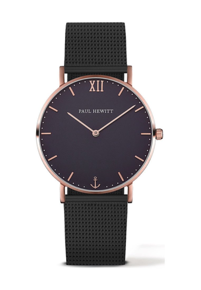 Montre ronde avec un cadran bleu foncé, des accents en or rose et un bracelet en caoutchouc textured noir. Présente des marqueurs et un logo d'ancre en bas.