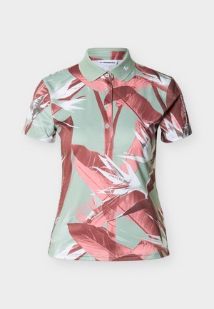 Kratka polo majica z zelenim ovratnikom in barvnim botaničnim potiskom v odtenkih roza, bele in zelene na telesu in rokavih.