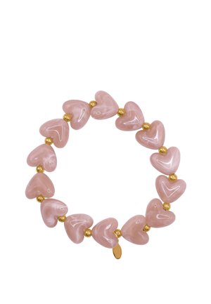 Bracelet with alternating polished pink heart-shaped beads and small round gold beads arranged in a circle with a small gold charm.