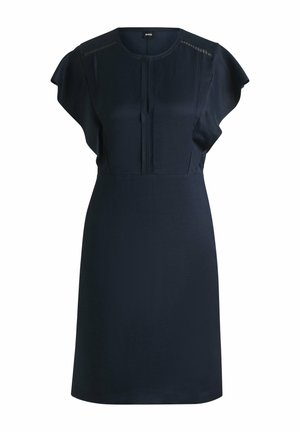 Abito blu navy con maniche a sbuffo corte, caratterizzato da un collo rotondo, pieghe sul corpino e una texture liscia e tessuta.