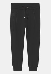 Zwarte joggingsbroek met een elastische tailleband, trekkoord, ritszakken, geribbelde boorden en een gestructureerd logodetail op één been.