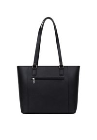 Borsa tote in pelle nera con superficie texturizzata, manici superiori doppi, tasca frontale con zip e design minimalista. Forma rettangolare.