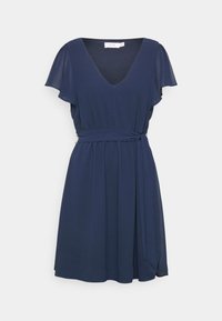 Navy blue dress with a V-neck, short flutter sleeves, and a cinched waist. Made from lightweight fabric with a flowing skirt.