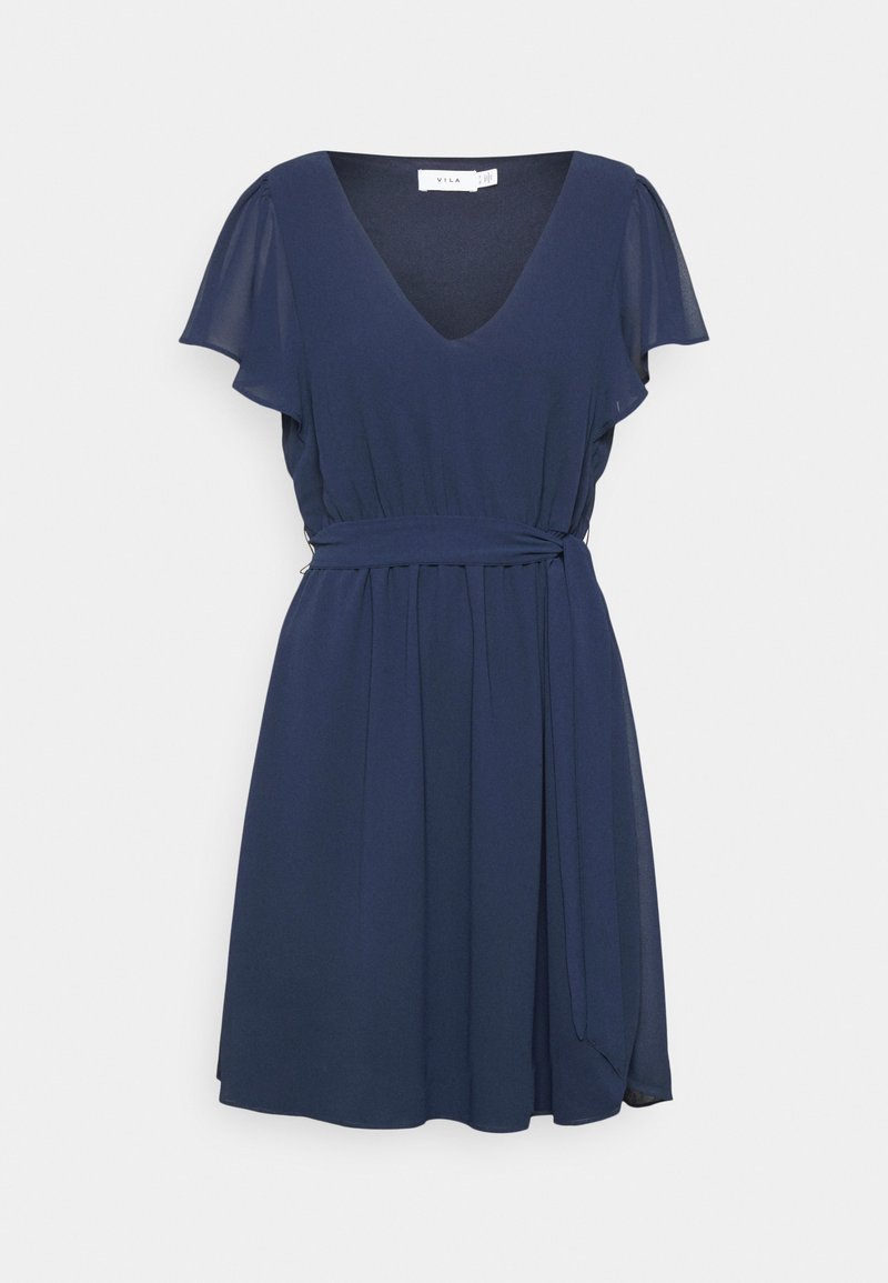 Navy blue dress with a V-neck, short flutter sleeves, and a cinched waist. Made from lightweight fabric with a flowing skirt.