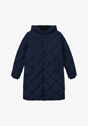 Marineblau gesteppter Puffermantel mit Kapuze, diagonal gesteppt, zwei Fronttaschen und einem Reißverschluss vorne. Weiches, glattes Material.