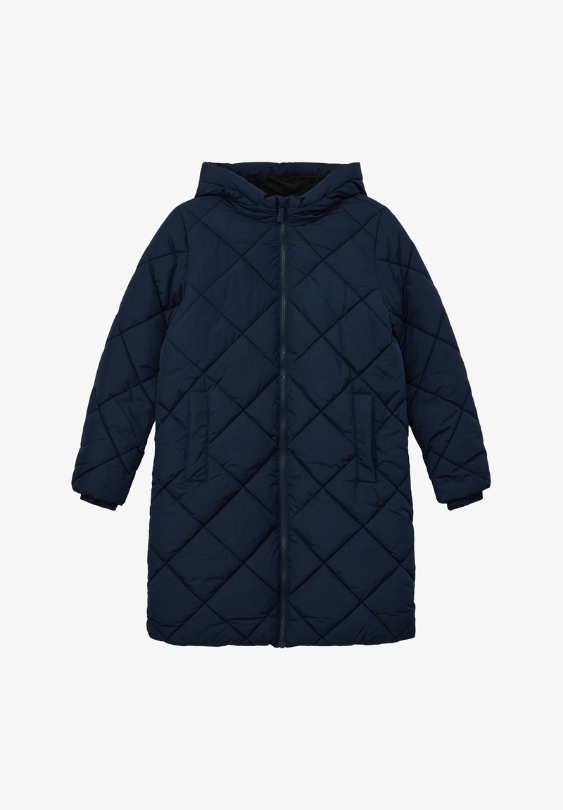 Cappotto puffer navy imbottito con cappuccio, caratterizzato da cuciture diagonali, due tasche anteriori e chiusura con zip frontale. Tessuto morbido e liscio.