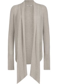 Cárdigan acanalado gris claro hecho de un suave tejido de punto, con un frente abierto, mangas largas y un corte relajado sin cierres.