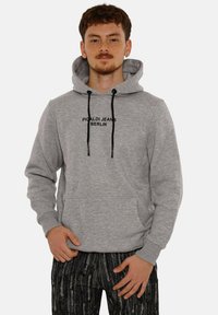 Grey hoodie with a front kangaroo pocket, featuring a black logo "PIGIALDI JEANS BERLIN" and black drawstrings; cotton blend fabric.