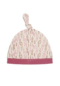 Cappellino per neonato annodato in cotone crema con motivi floreali rosa e marroni, dotato di un bordo solido rosa alla base. Texture morbida.