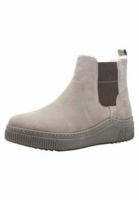 Botte de cheville en daim gris clair avec des panneaux latéraux élastiques, bout arrondi et semelle en caoutchouc texturé présentant des rainures verticales et une languette.
