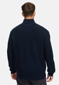Mand iført en mørkeblå ribstrikket sweater med høj krave, set fra ryggen mod en ensfarvet hvid baggrund.