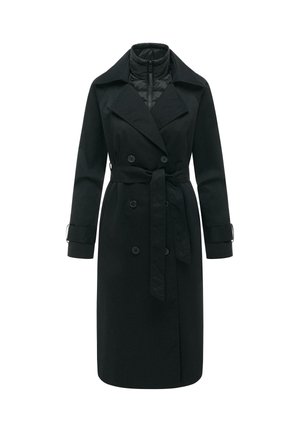 Trench-coat long noir double boutonnage avec ceinture, larges revers, lanières aux poignets et gilet matelassé intérieur avec fermeture éclair sur le devant.