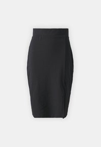Jupe crayon noire longueur genou avec taille haute et détail subtil de couture latérale, présentée sur un fond gris uni.
