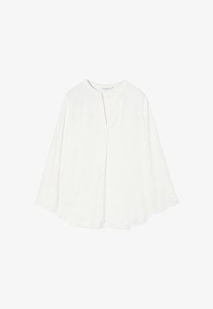 Weißes Langarmblusenoberteil mit rundem Halsausschnitt und einer Mittelnaht. Glatte Textur mit lockerer Passform, seitliche Schlitze am Saum.