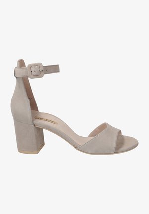 Helle graue Wildleder-Absatzsandalen mit einem Knöchelriemen und einem Blockabsatz. Offene Zehenpartie und glatte Oberfläche mit einem dezenten Schimmer.