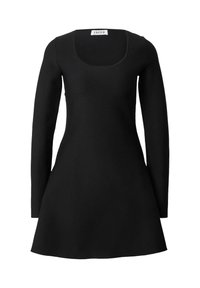 Schwarzes Langarmkleid mit Rundhalsausschnitt, tailliertem Oberteil und ausgestellt Rock. Hergestellt aus glattem Stoff, der eine elegante Silhouette bietet.