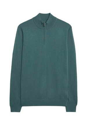 Pullover verde scuro realizzato in morbido tessuto, dotato di colletto con zip e maniche lunghe con polsini e orlo a costine.