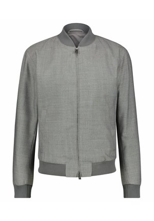 Veste bomber gris clair avec fermeture éclair intégrale à l'avant, col, poignets et ceinture côtelés, présentée sur un fond blanc uni.
