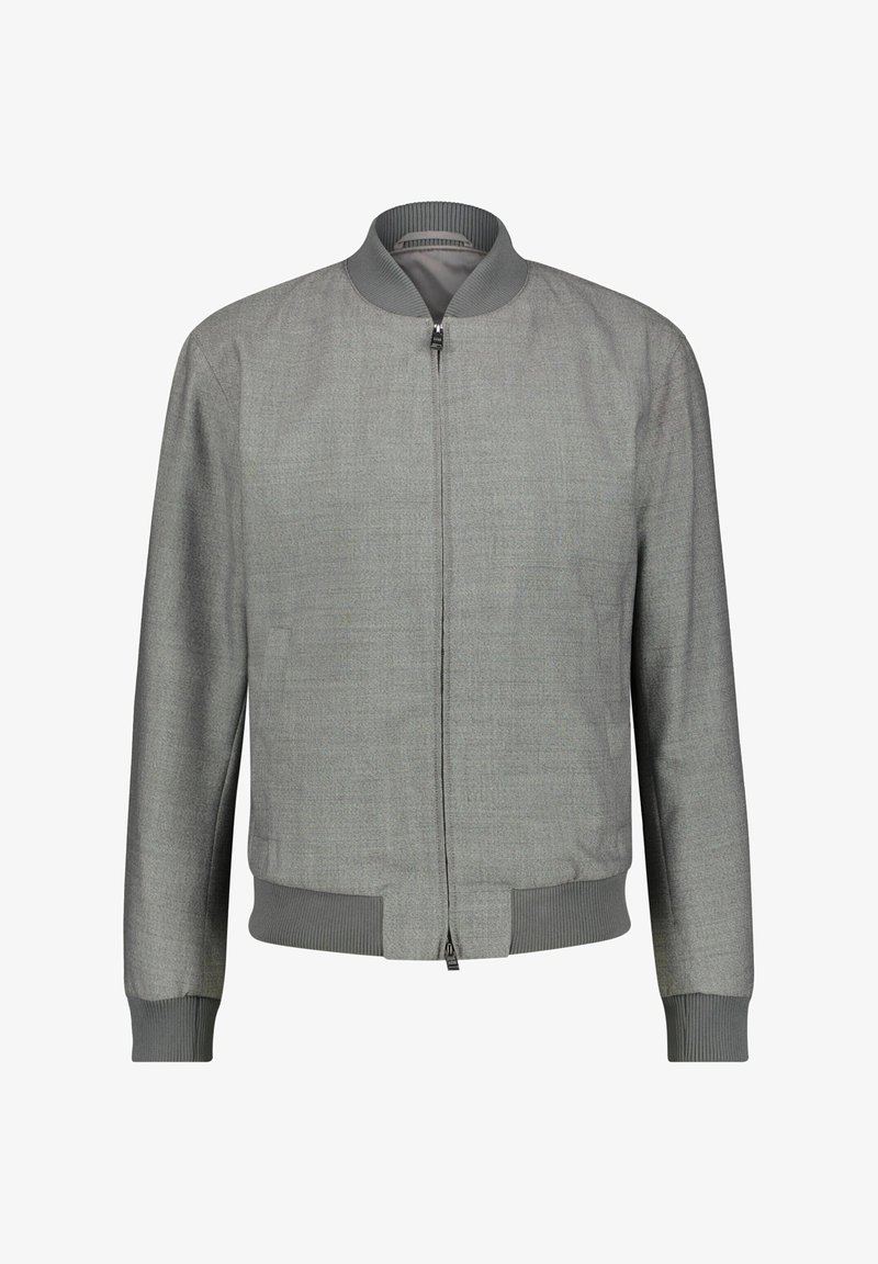 Veste bomber gris clair avec fermeture éclair intégrale à l'avant, col, poignets et ceinture côtelés, présentée sur un fond blanc uni.