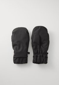 Black waterproof mittens made of synthetic material, featuring a gathered wrist for snug fit and smooth texture. Simple design, no visible patterns.