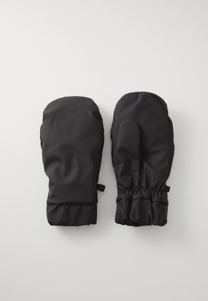 Mittens impermeabili neri realizzati in materiale sintetico, con polsini arricciati per una vestibilità aderente e una texture liscia. Design semplice, senza pattern visibili.