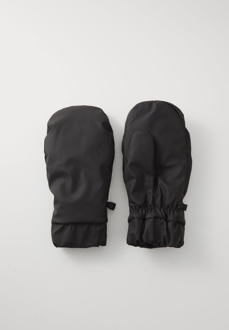 Black waterproof mittens made of synthetic material, featuring a gathered wrist for snug fit and smooth texture. Simple design, no visible patterns.