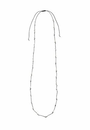 Beaded necklace with transparent beads strung on black cord, featuring a simple, elongated design and adjustable length.