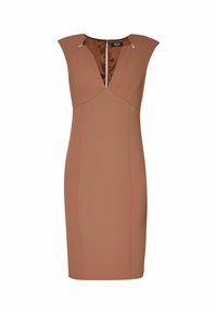 Robe marron ajustée avec manches courtes, décolleté en V profond et fermeture éclair au dos. Présente des coutures diagonales et des accents métalliques aux épaules.