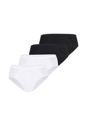 Quattro slip da uomo in fila, due slip bianchi davanti e due slip neri dietro, su sfondo bianco.
