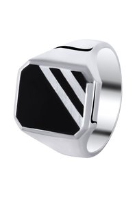 Silver ring with an octagonal shape, featuring a black stone center and diagonal silver stripes for detail. Smooth, polished metal finish.