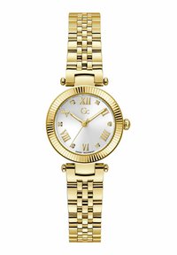Orologio dorato con cassa rotonda, quadrante bianco, indici in numeri romani e accenti di diamante. Bracciale a maglia con finitura lucida. Movimento svizzero.