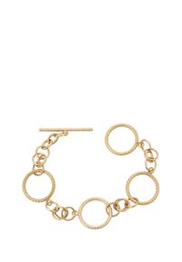 Guldtonet armbånd med en blanding af teksturerede og polerede cirkulære led, med en toggle-lukning.