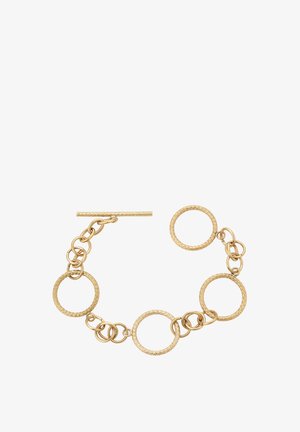 Gold-tone bracelet featuring a mix of textured and polished circular links, with a toggle clasp for closure.