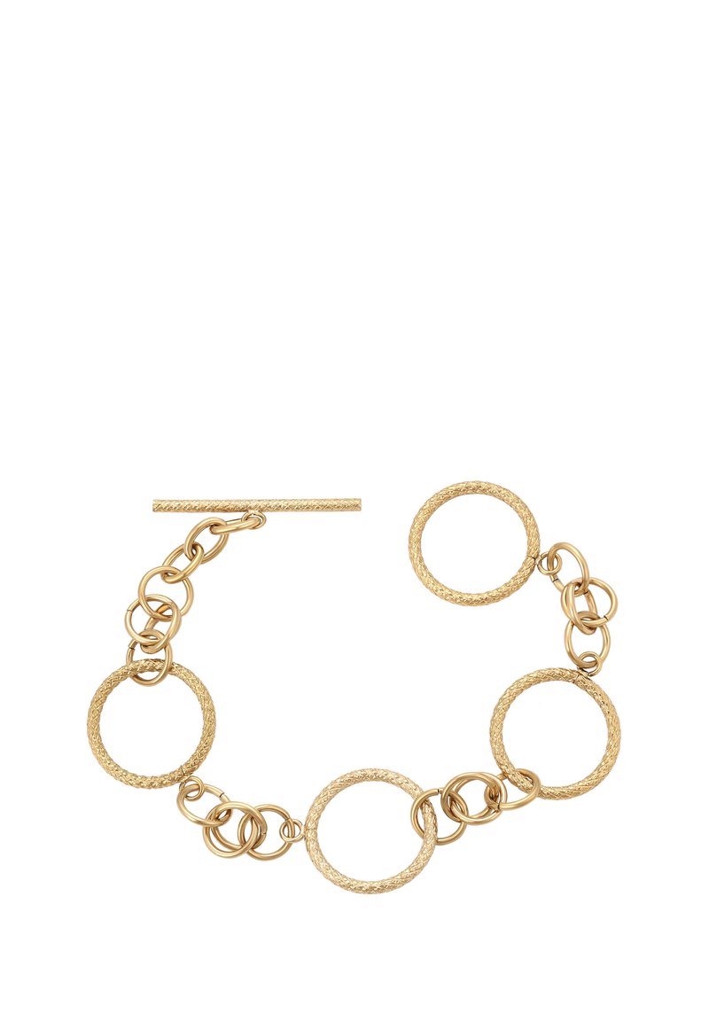 Guldtonet armbånd med en blanding af teksturerede og polerede cirkulære led, med en toggle-lukning.