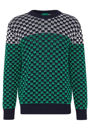 Męski sweter dziany z wzorem w kratę w kolorach czarnym, białym i zielonym, z okrągłym dekoltem oraz ściągaczami na mankietach i u dołu.