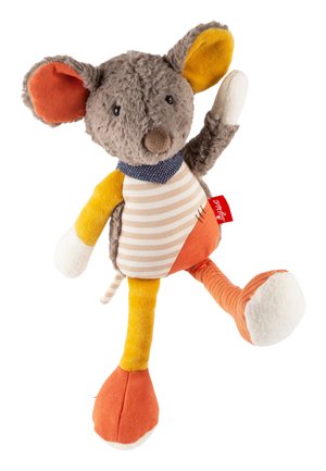 Soft gray mouse toy with large orange and yellow ears, striped beige body, and mismatched orange and yellow legs raised in a playful pose.