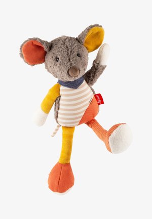 Weiches graues Maus-Spielzeug mit großen orangegelben Ohren, gestreiftem beigen Körper und unpassenden orangegelben Beinen, die in einer verspielten Pose erhoben sind.
