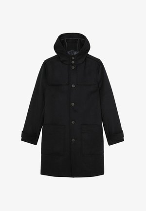 Cappotto nero in lana con cappuccio, dotato di grandi tasche anteriori, chiusura con sei bottoni e maniche arrotolate. Texture liscia e design minimalista.