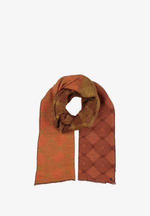 Kootud sall, mis on kaunistatud sooja oranži ja pruuni värviga, tekstureeritud mustrid geomeetrilistes kujundites ning õmblustega ääred.