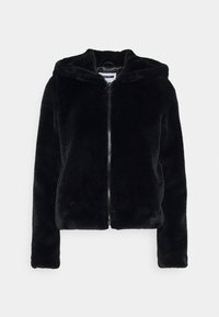 Black faux fur zip-up hoodie with a hood, soft texture, and long sleeves. Features a central zipper and a round pull tab.