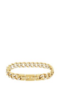 Bracciale in metallo di tonalità oro e argento, caratterizzato da anelli intrecciati, superficie liscia e una chiusura rettangolare con accenti di logo inciso.