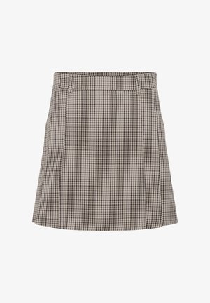 Trumpeta sijonas rudos ir kreminės spalvų, turintis aptemptą juosmenį, platesnį apatinį kraštą ir lygų paviršių su subtiliu languotu raštu.