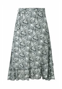 Jupe portefeuille à motif floral en gris et blanc, avec un ourlet volanté, une texture lisse et une fermeture à nouer à la taille.